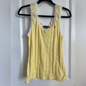 Ralph Lauren Soft Yellow ribbed Tank Top with White lace Trim size medium NOWT